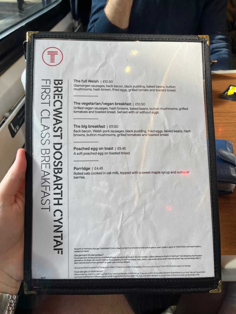 The Transport for Wales Premier Dining Menu in English