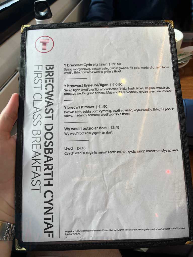 The Transport for Wales Premier Dining Menu in Welsh