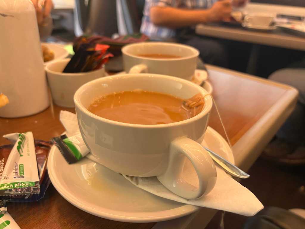 A cup of tea provided on the TfW Premier Dining Train