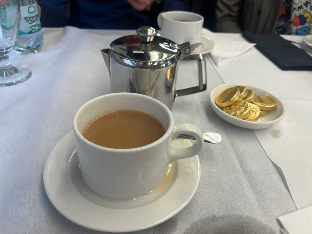 A cup of tea on the GWR Pullman Dining train with after dinner mints wrapped in foil