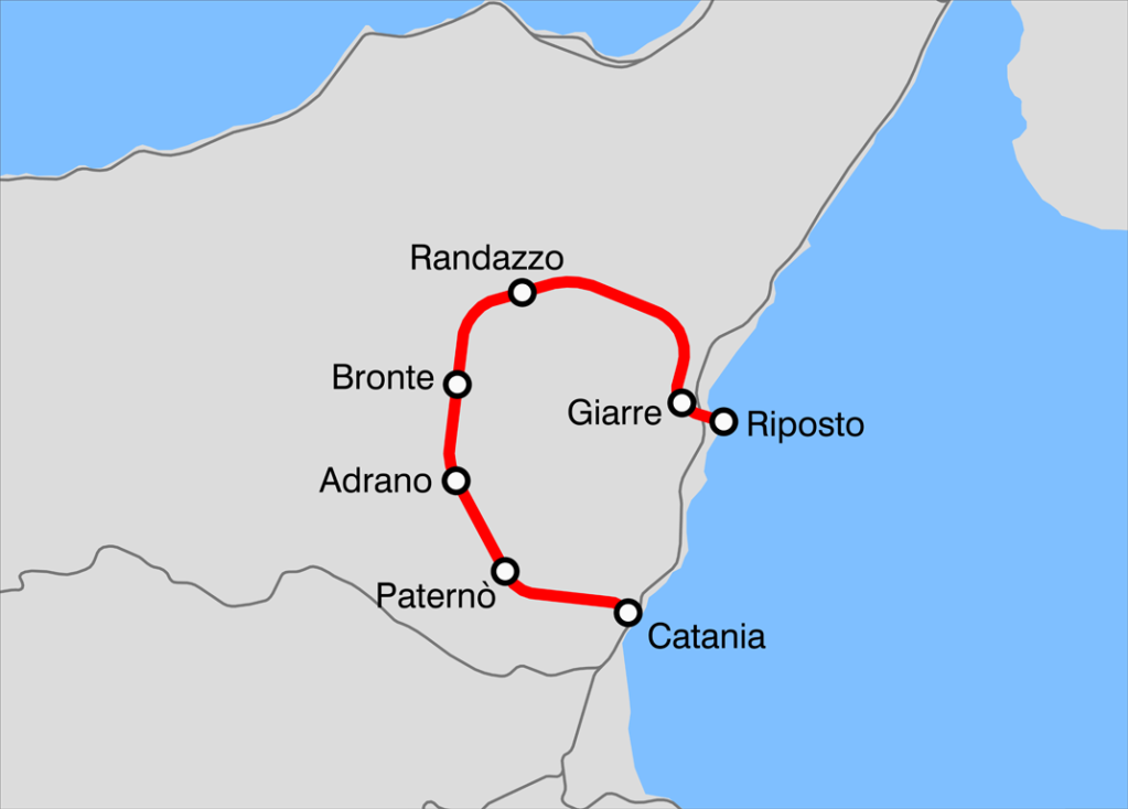The route map of the Circumetnea from Catania to Riposto. The route is circular.